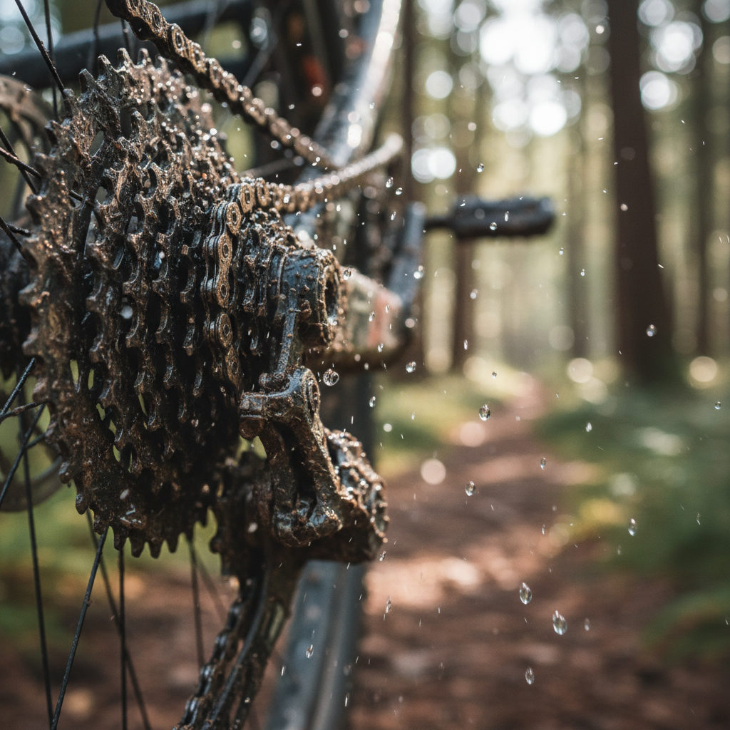 Close-up of a bicycle drivetrain covered in mud and raindrops after an intense MTB session, detailed texture of the metal and water droplets, soft bokeh background of a forest trail, high quality photography.