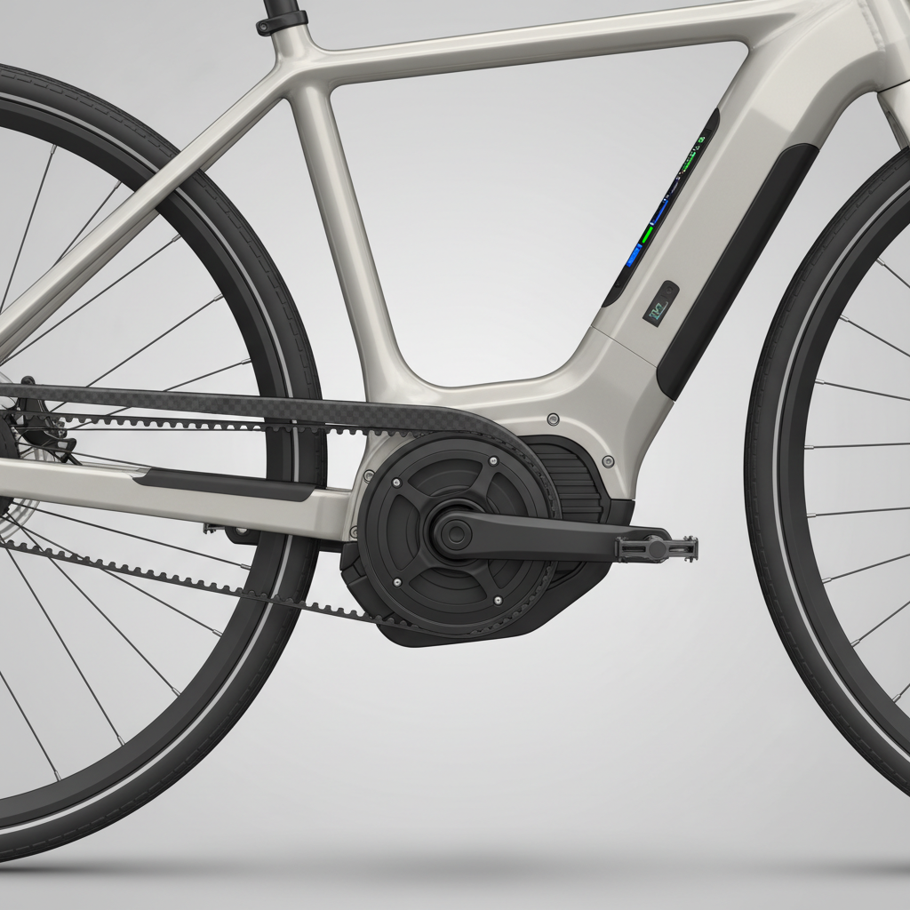 Detalhe de um motor central integrado ao quadro, demonstrando a tecnologia de ponta que define as e-bikes de alta qualidade.