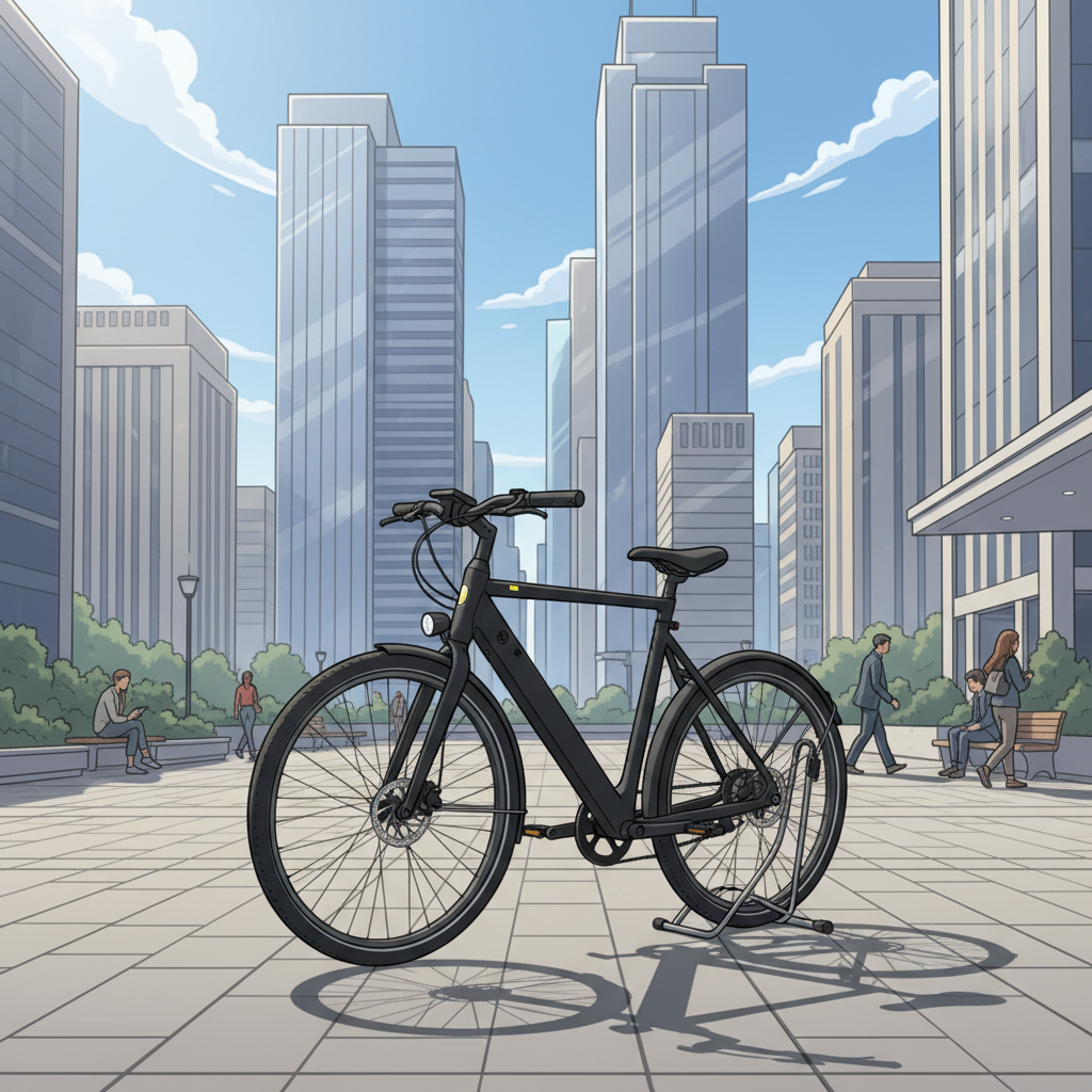 Bicicleta elétrica urbana sendo utilizada em um trajeto cotidiano, ressaltando a praticidade e o estilo de vida sustentável.