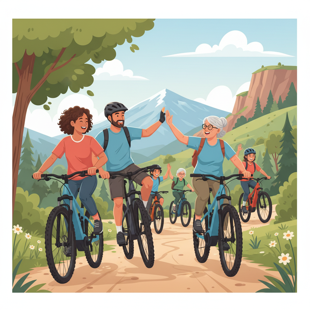 Um grupo diverso de ciclistas, incluindo pessoas de diferentes idades e níveis de condicionamento, desfrutando de uma pedalada em E-MTBs, mostrando a inclusão que essas bicicletas promovem.