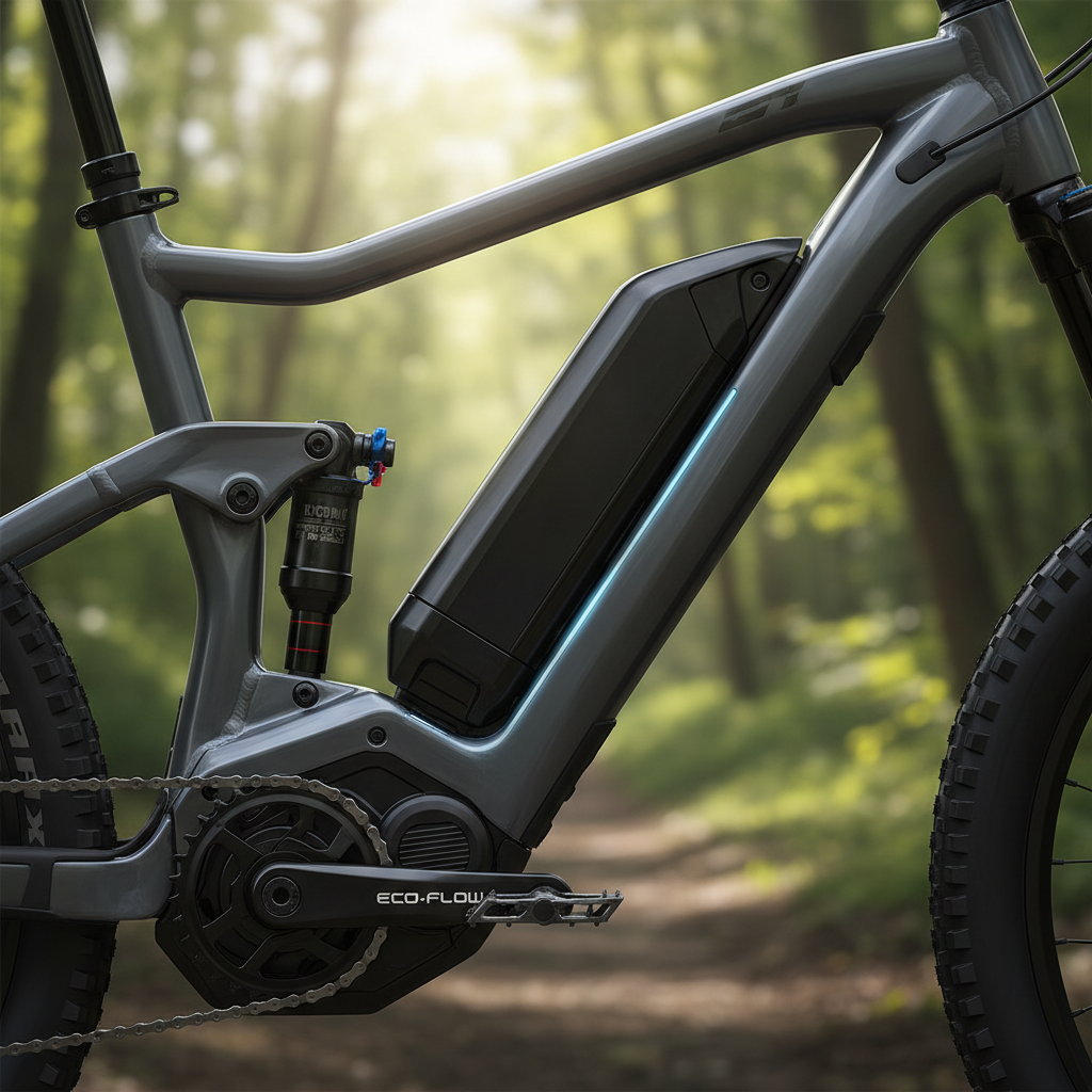 Detalhe do motor e da bateria de uma E-MTB, evidenciando a tecnologia sofisticada e a integração perfeita com o design da bicicleta, proporcionando uma experiência de pedalada potente e suave.