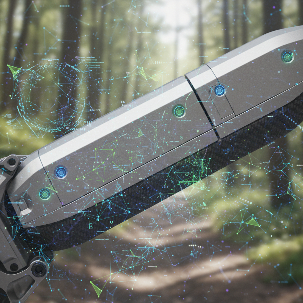 Sensores inteligentes monitoram componentes essenciais de uma e-MTB, com padrões de dados sobrepostos representando a análise de IA para detecção precoce de problemas.