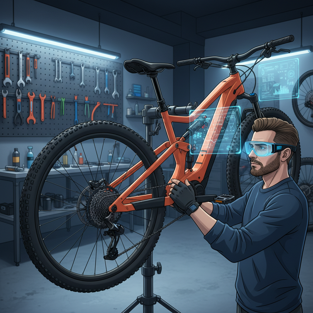 Um mecânico de bicicletas utilizando óculos de realidade aumentada com informações de diagnóstico de IA, otimizando o processo de reparo e manutenção da e-bike.