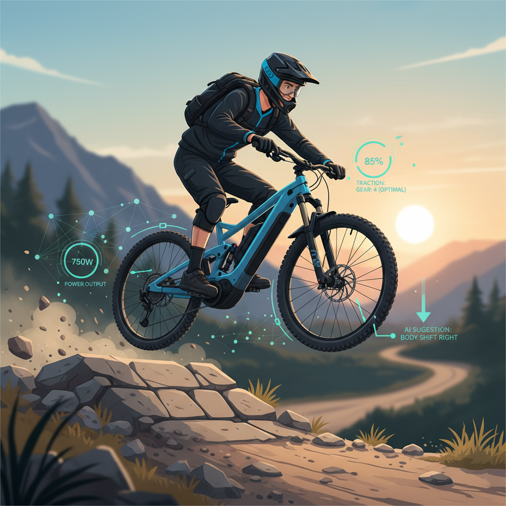 Um ciclista de e-MTB em uma trilha desafiadora, com indicações digitais sutis de otimização de desempenho em tempo real, fornecidas por IA, maximizando a experiência de pedalada.