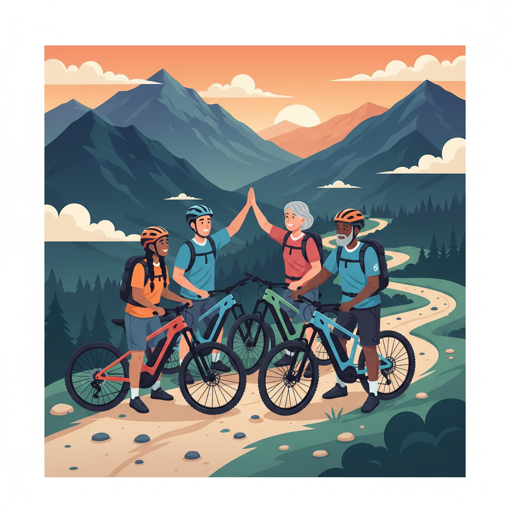 Ciclistas de e-MTB de várias idades e habilidades celebrando no topo de uma montanha, unindo-se pela paixão em comum.