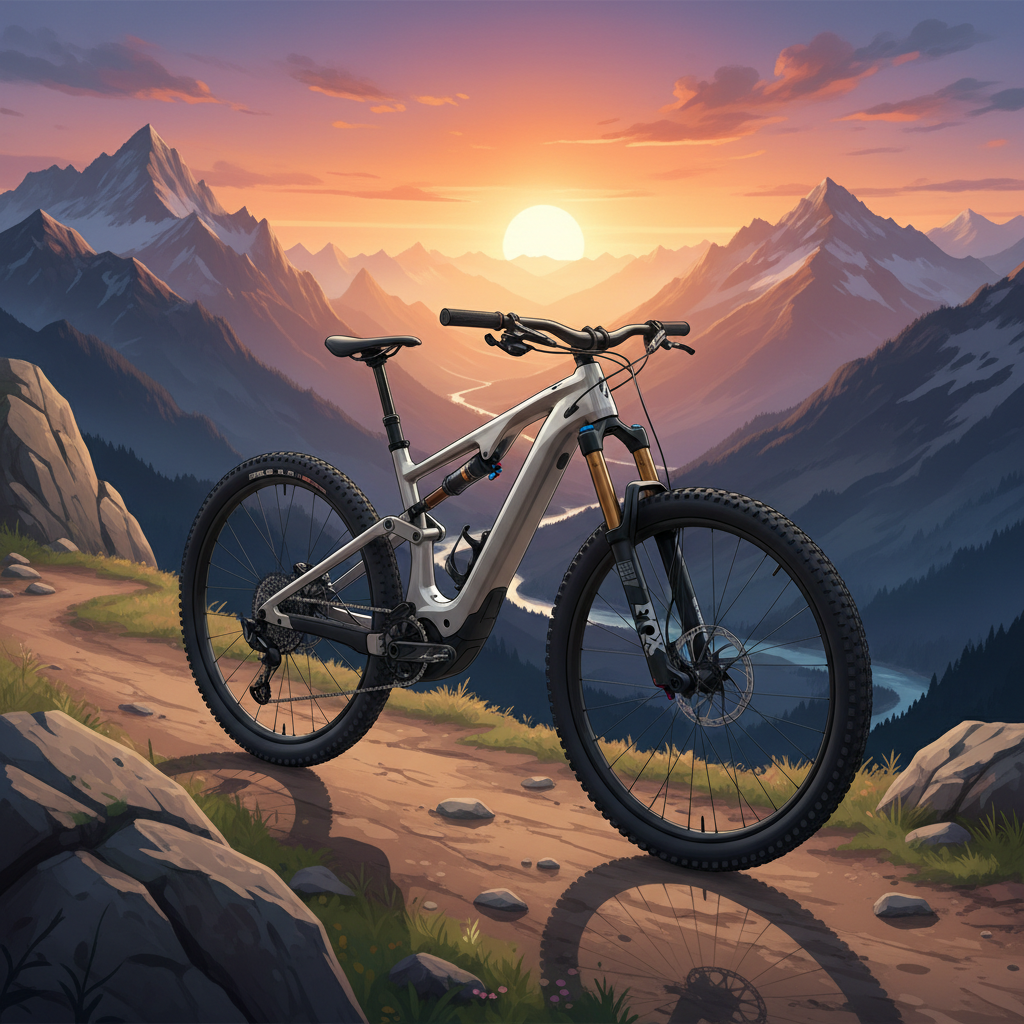 A Specialized Levo SL Gen 2 em um cenário montanhoso ao pôr do sol, destacando sua leveza e design moderno.