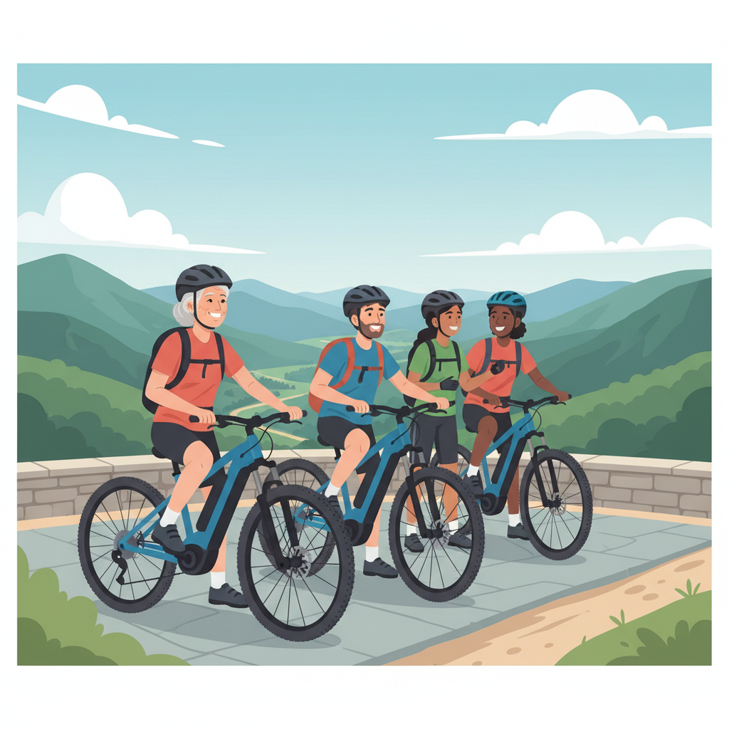 Um grupo diversificado de ciclistas de e-bike desfrutando de uma vista panorâmica, ressaltando o aspecto inclusivo do esporte.
