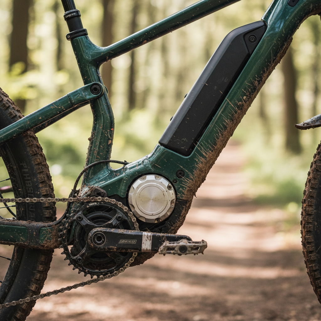 Detalhe do motor e bateria de uma e-bike, mostrando a integração da tecnologia ao design da bicicleta.