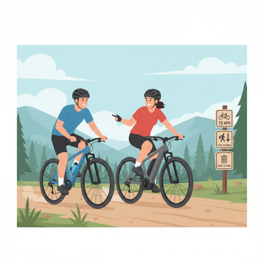 Dois ciclistas, um em mountain bike tradicional e outro em e-bike, compartilhando harmoniosamente a mesma trilha, simbolizando a coexistência no esporte.