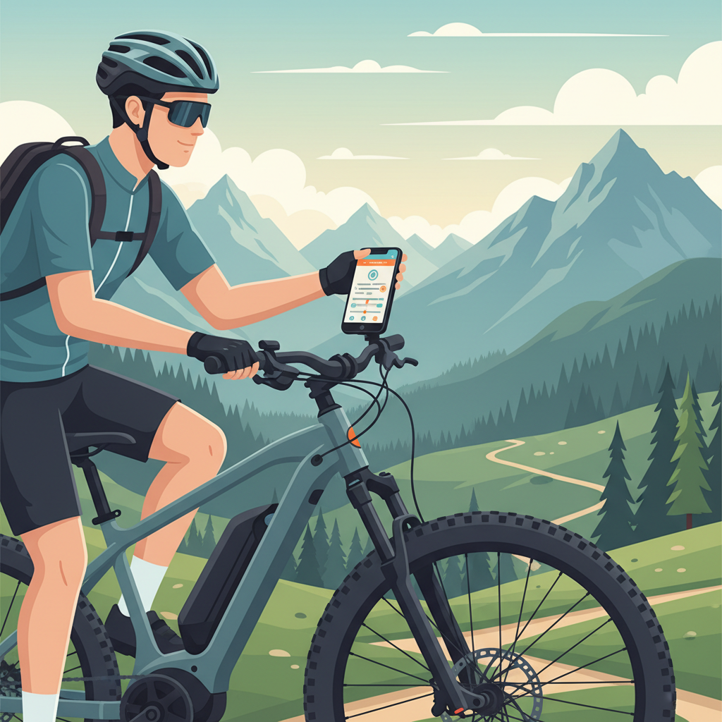 Ciclista utilizando aplicativo móvel para personalizar a experiência de sua e-MTB.
