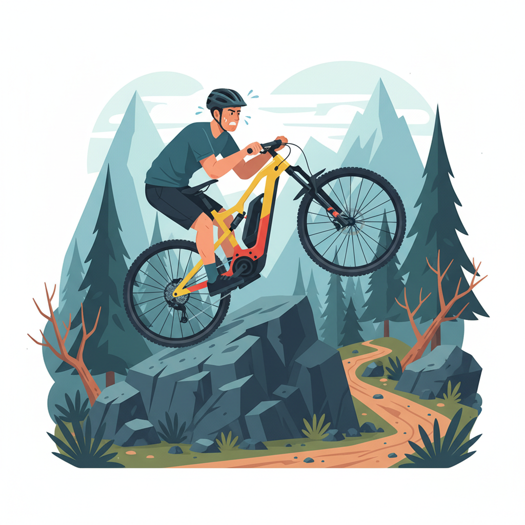 Um ciclista enfrenta dificuldades com o peso excessivo de sua e-MTB em um obstáculo.