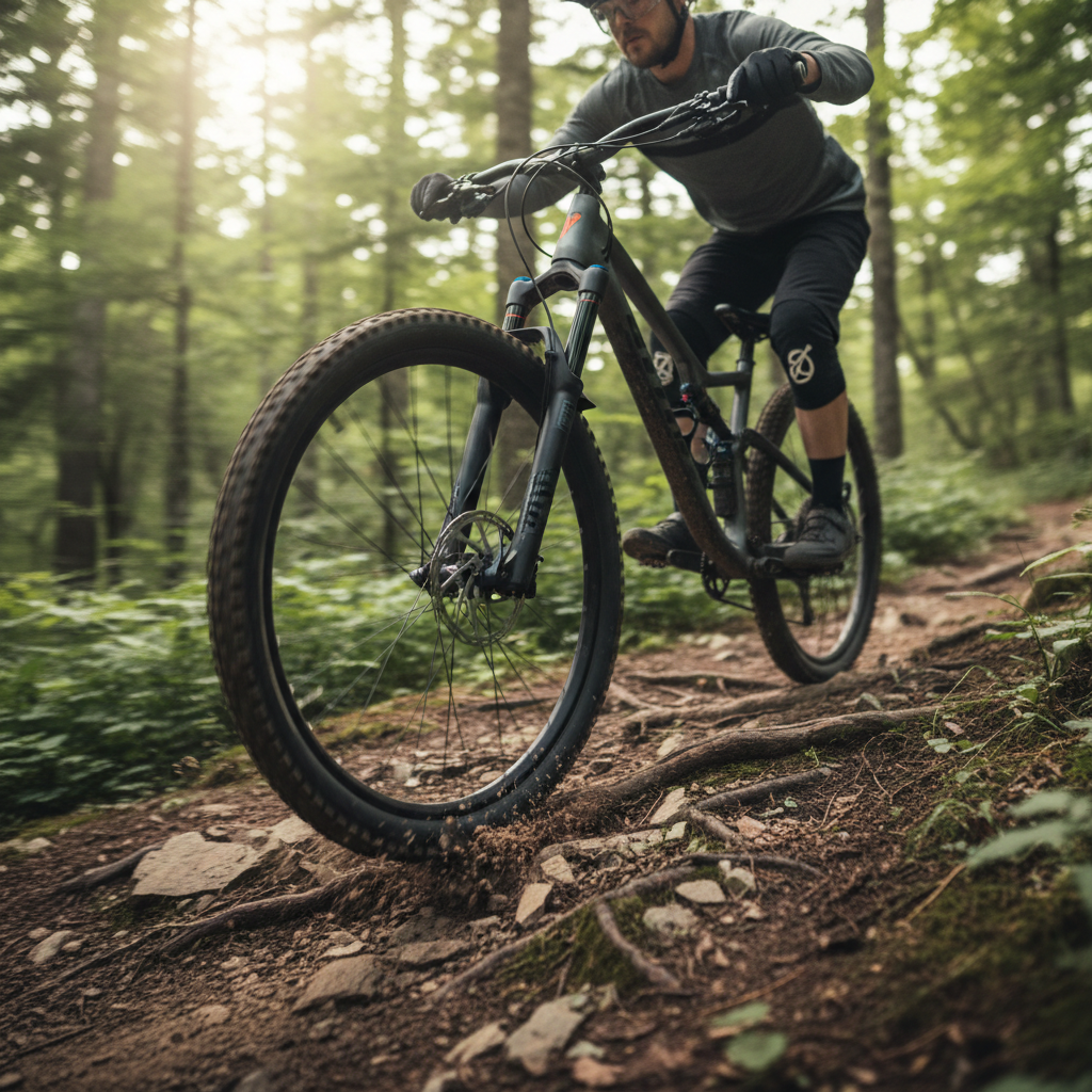 Uma suspensão bem calibrada garante que a roda mantenha contato constante com o solo em terrenos irregulares com raízes.