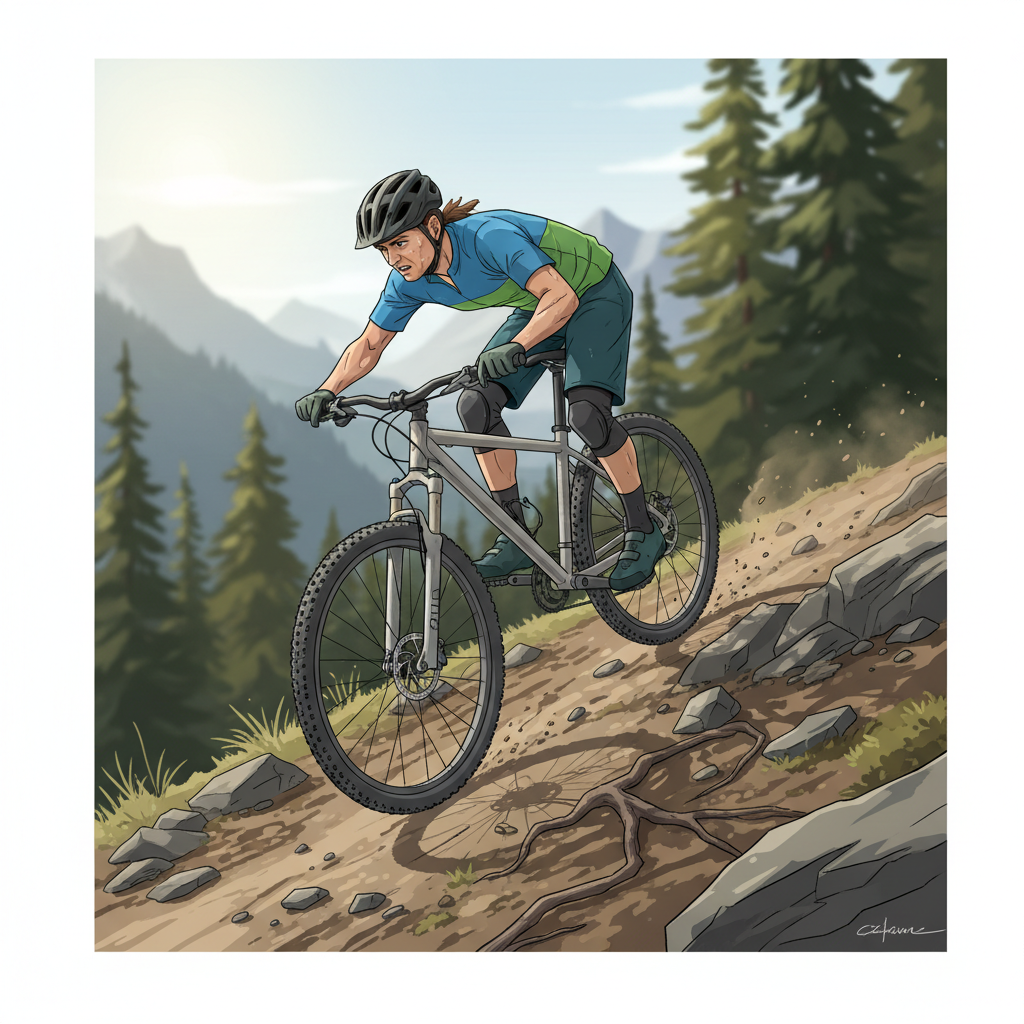 Ciclista em uma MTB tradicional superando uma subida rochosa e íngreme com esforço.