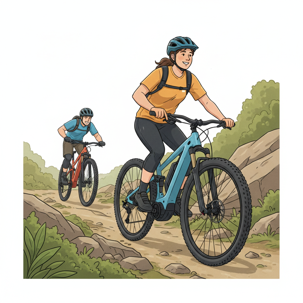 Ciclista em uma e-MTB subindo uma trilha técnica rochosa com aparente facilidade, o motor da bicicleta está visível.