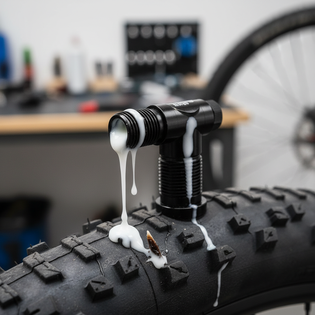 Detalhe da válvula tubeless e o líquido selante, exemplificando a vedação instantânea de furos.