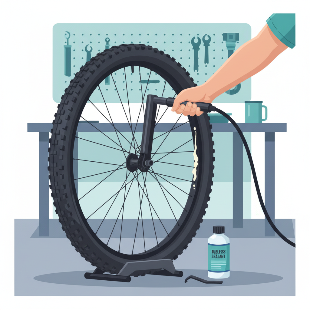 Montagem e enchimento de um pneu tubeless com bomba de chão, ilustrando o processo inicial.