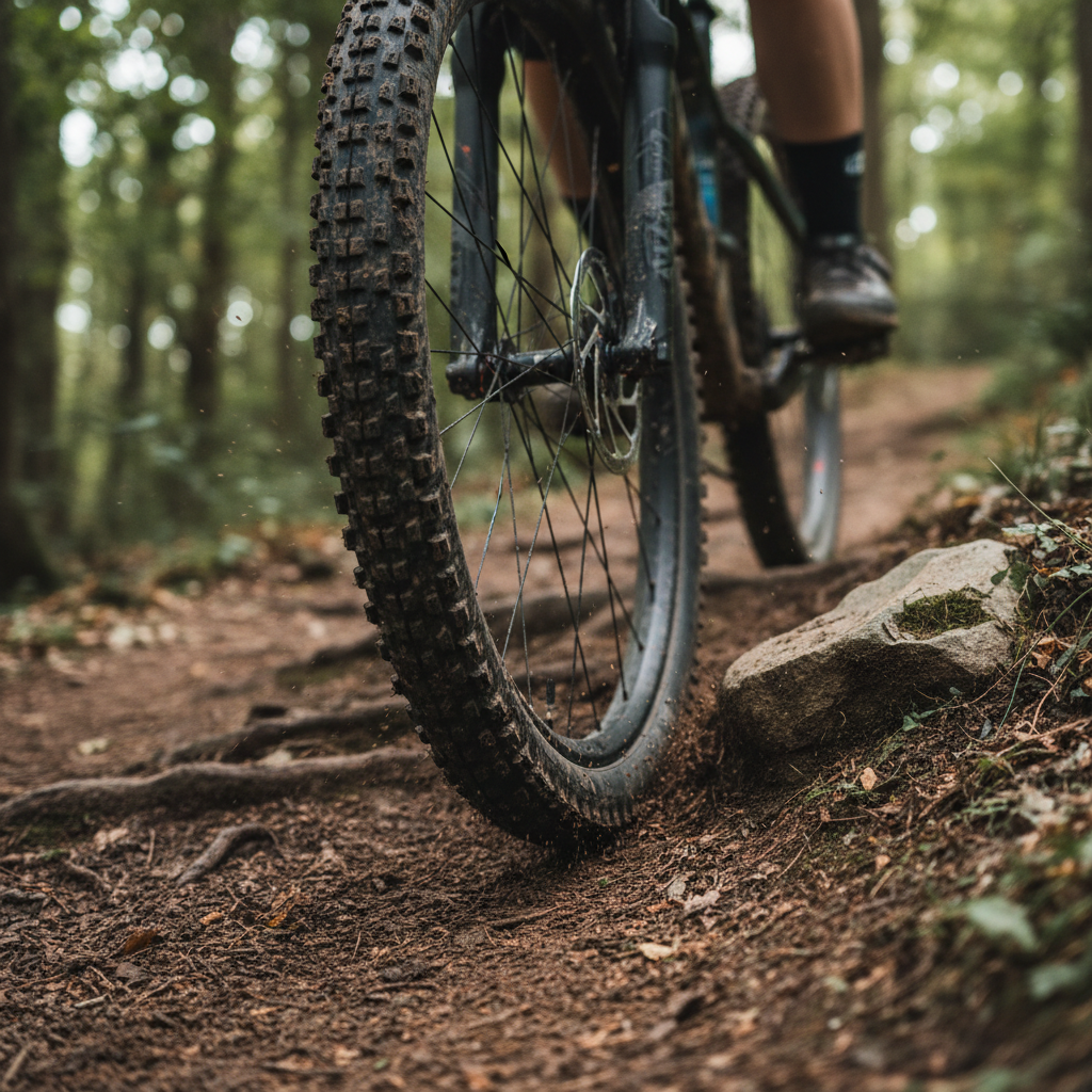 Pneu tubeless em trilha lamacenta, evidenciando a tração superior em condições desafiadoras.