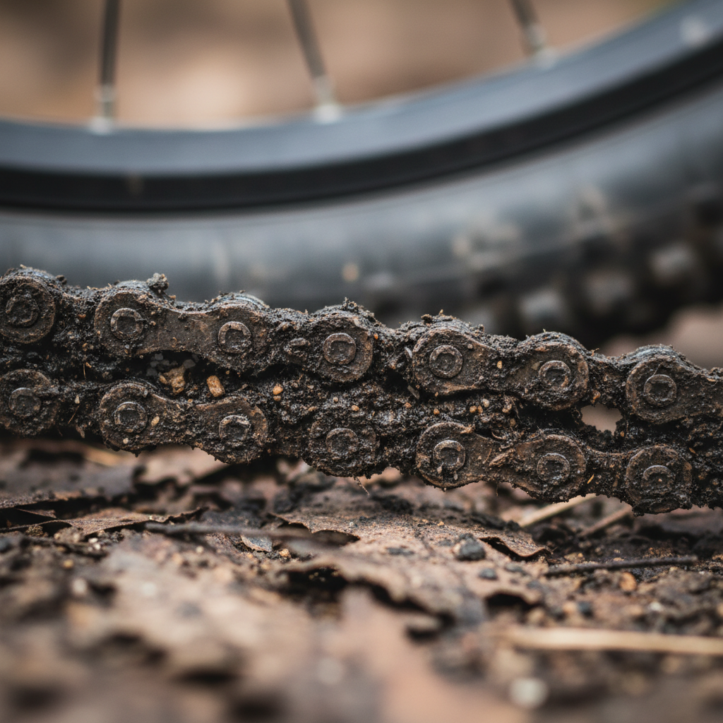 Corrente de mountain bike suja e descuidada, um erro comum que leva ao desgaste prematuro e perda de desempenho.