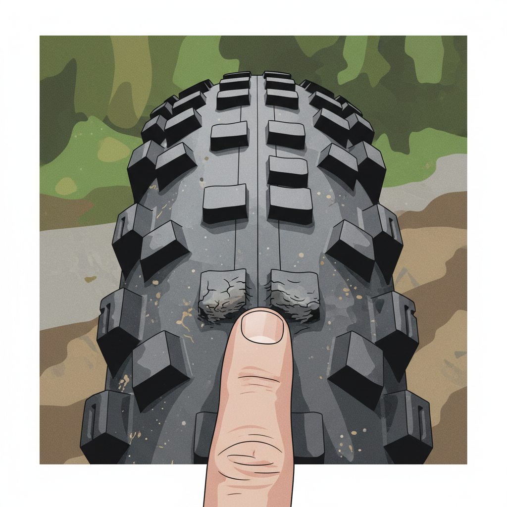 Pneu de mountain bike com desgaste visível nos cravos, indicando a necessidade de troca para manter a aderência e segurança.