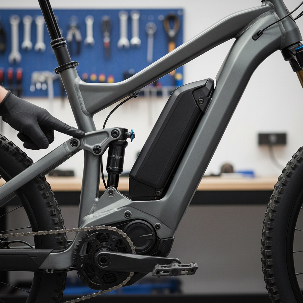 Visão detalhada do motor central e da bateria de uma E-MTB, evidenciando a necessidade de atenção a esses componentes vitais durante a manutenção.