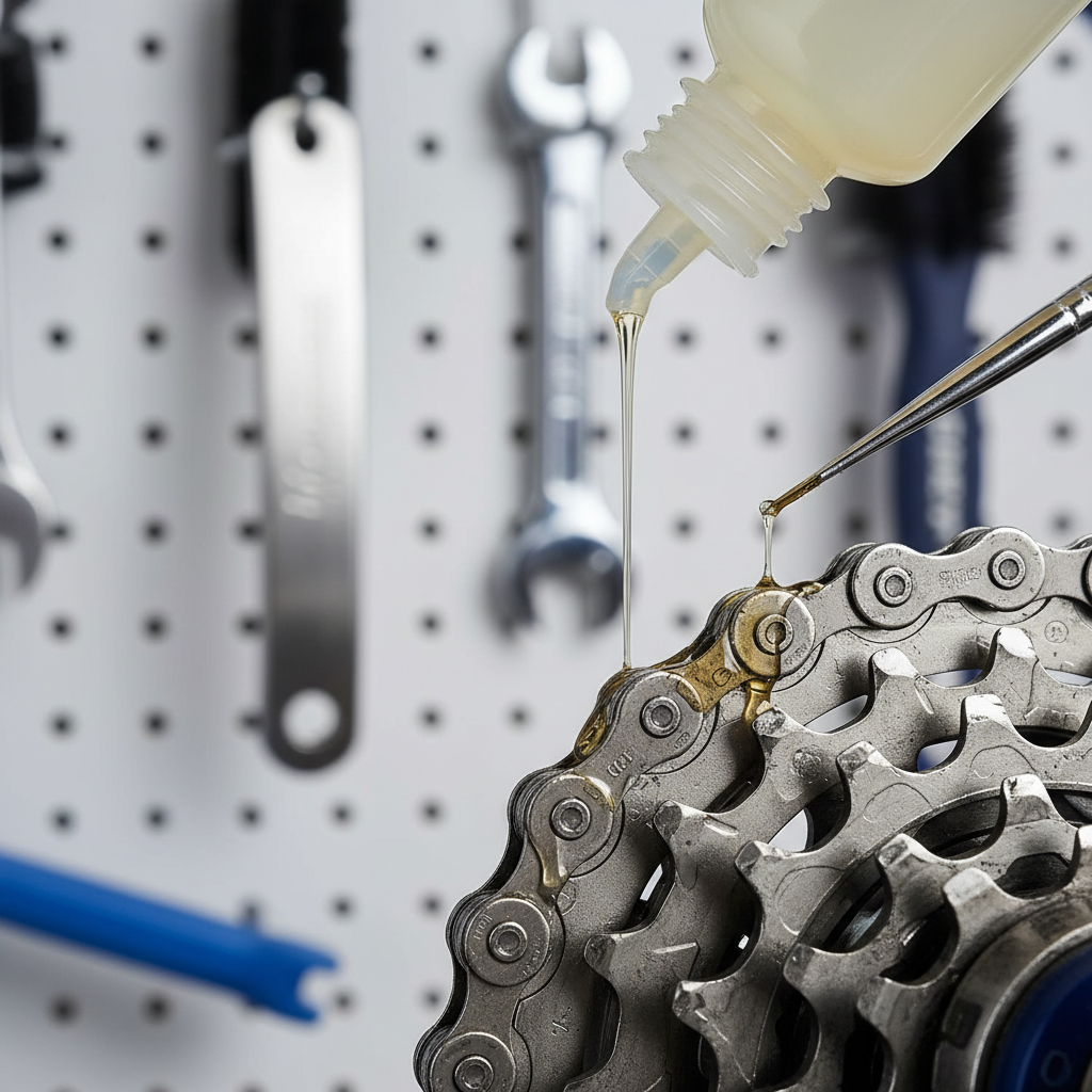 Lubrificação cuidadosa da corrente de uma E-MTB, um passo crucial após a limpeza para garantir a longevidade e o bom funcionamento da transmissão.