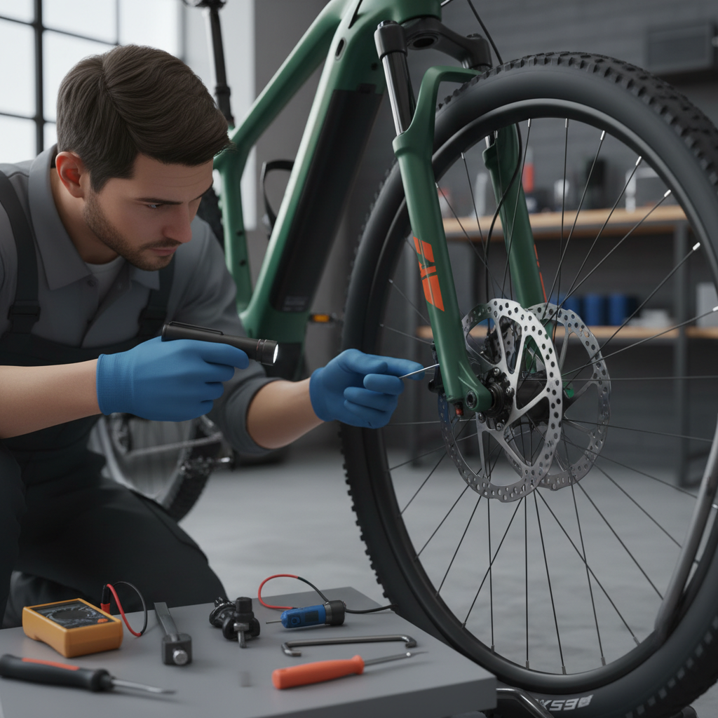 Inspeção detalhada do sistema de freios de uma E-MTB, focando nas pastilhas e discos para garantir a máxima segurança e desempenho nas trilhas.