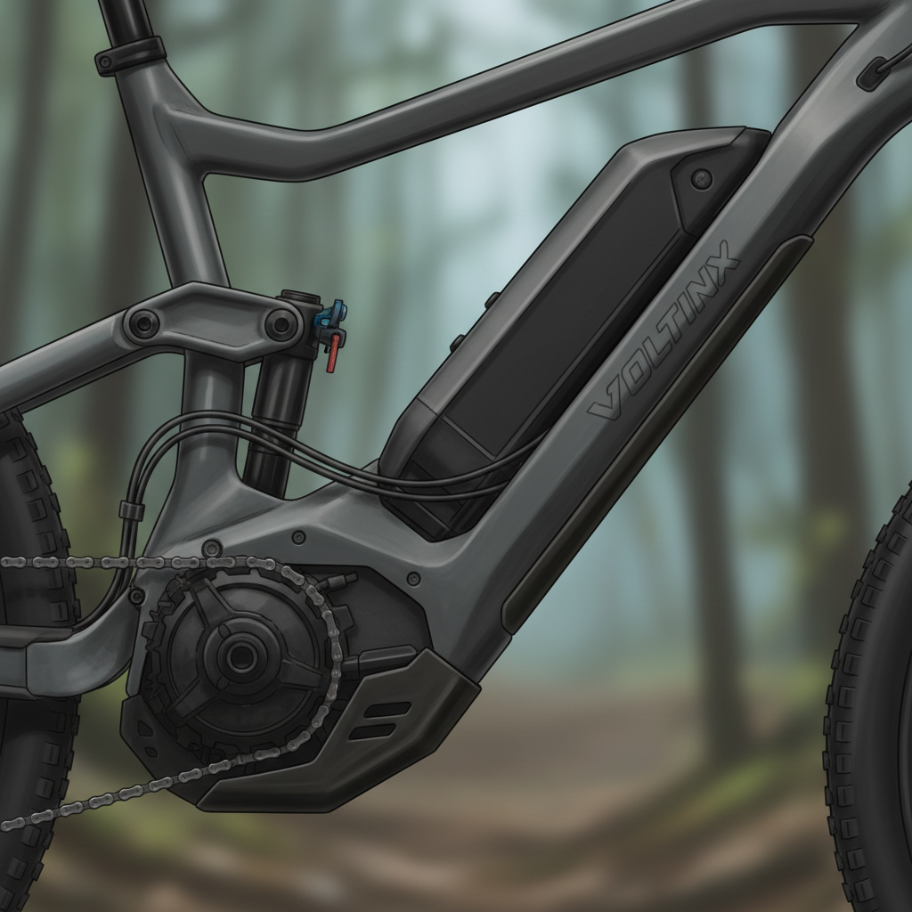 Motor e bateria de uma E-MTB, integrados de forma elegante ao quadro, mostrando a engenharia por trás da assistência elétrica.