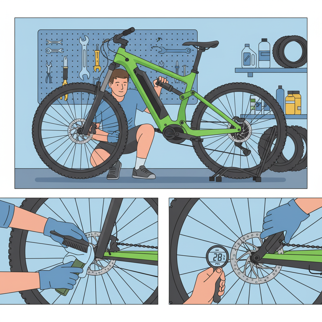 Dicas essenciais de manutenção: um ciclista realizando a limpeza e verificação básica em sua E-MTB, garantindo maior durabilidade e performance.