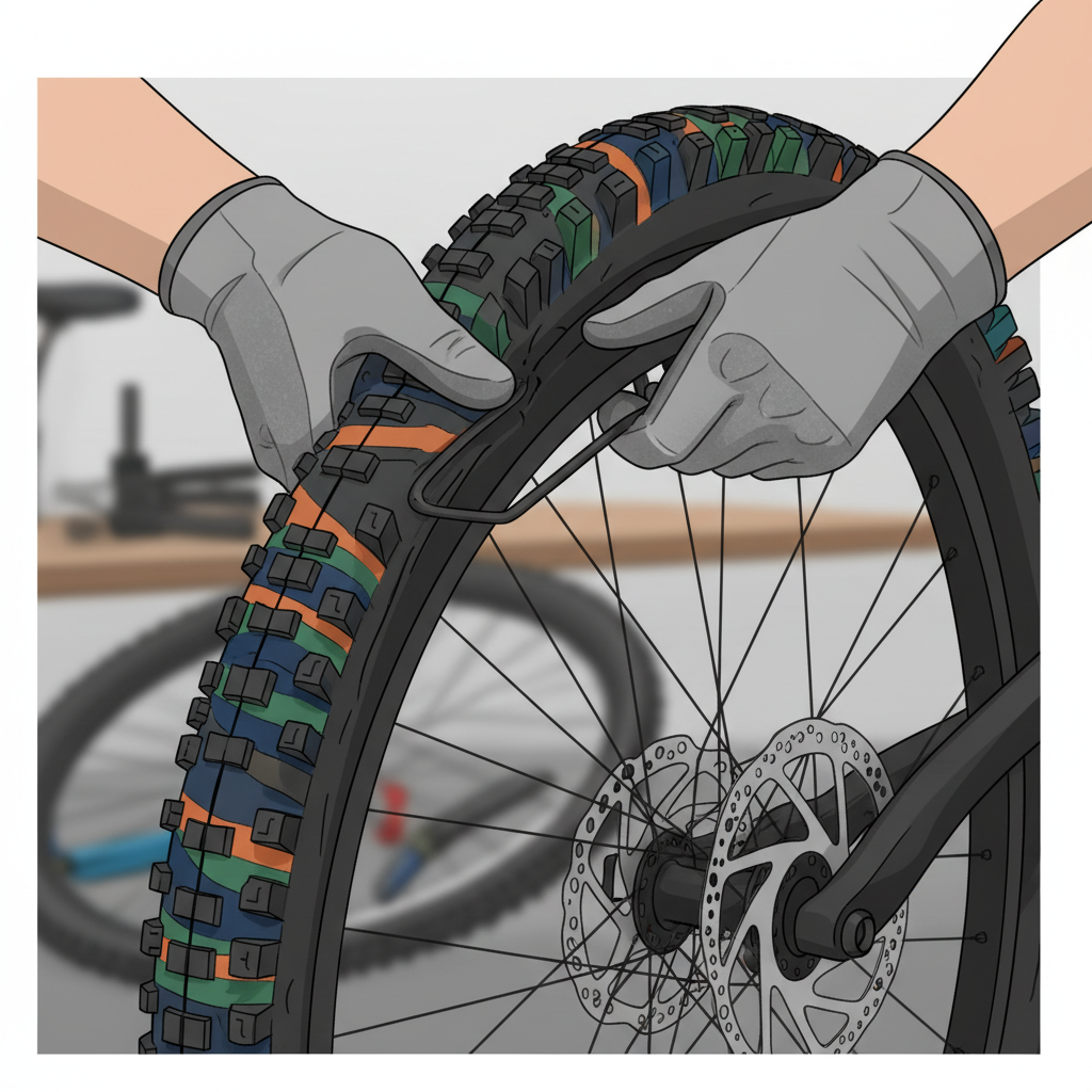 Mãos de um ciclista substituindo um pneu, ilustrando a importância da manutenção regular e a escolha por componentes sustentáveis quando necessário.