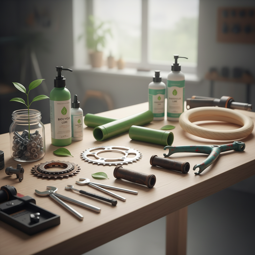 Uma variedade de componentes de bicicleta novos e reciclados organizados em uma bancada de trabalho, destacando a filosofia de uso consciente e manutenção.