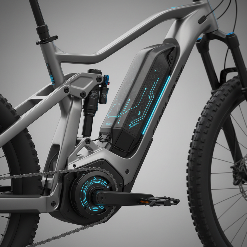 Detalhe de um motor e bateria de e-MTB integrados ao quadro, evidenciando a tecnologia assistida.