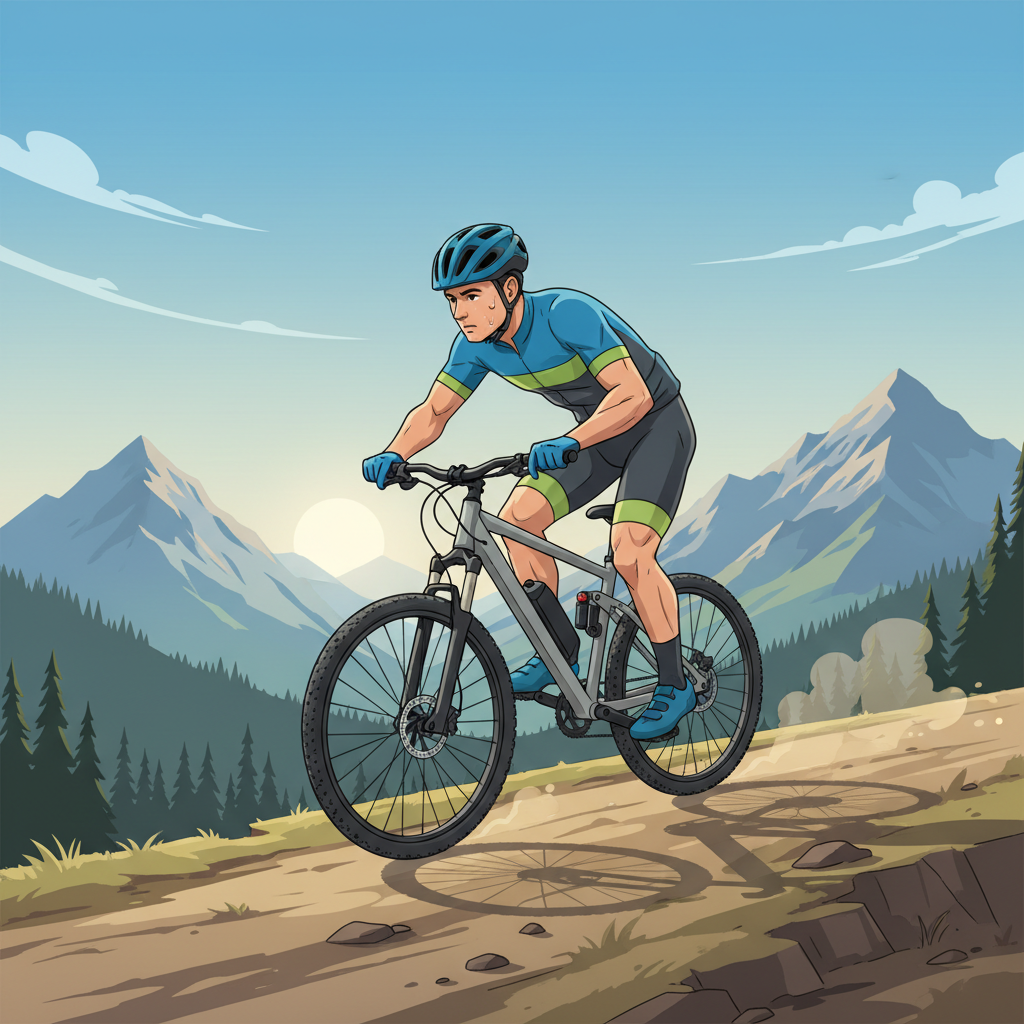 Ciclista enfrentando uma subida íngreme em uma MTB convencional, demonstrando a força e a técnica do pedal humano.