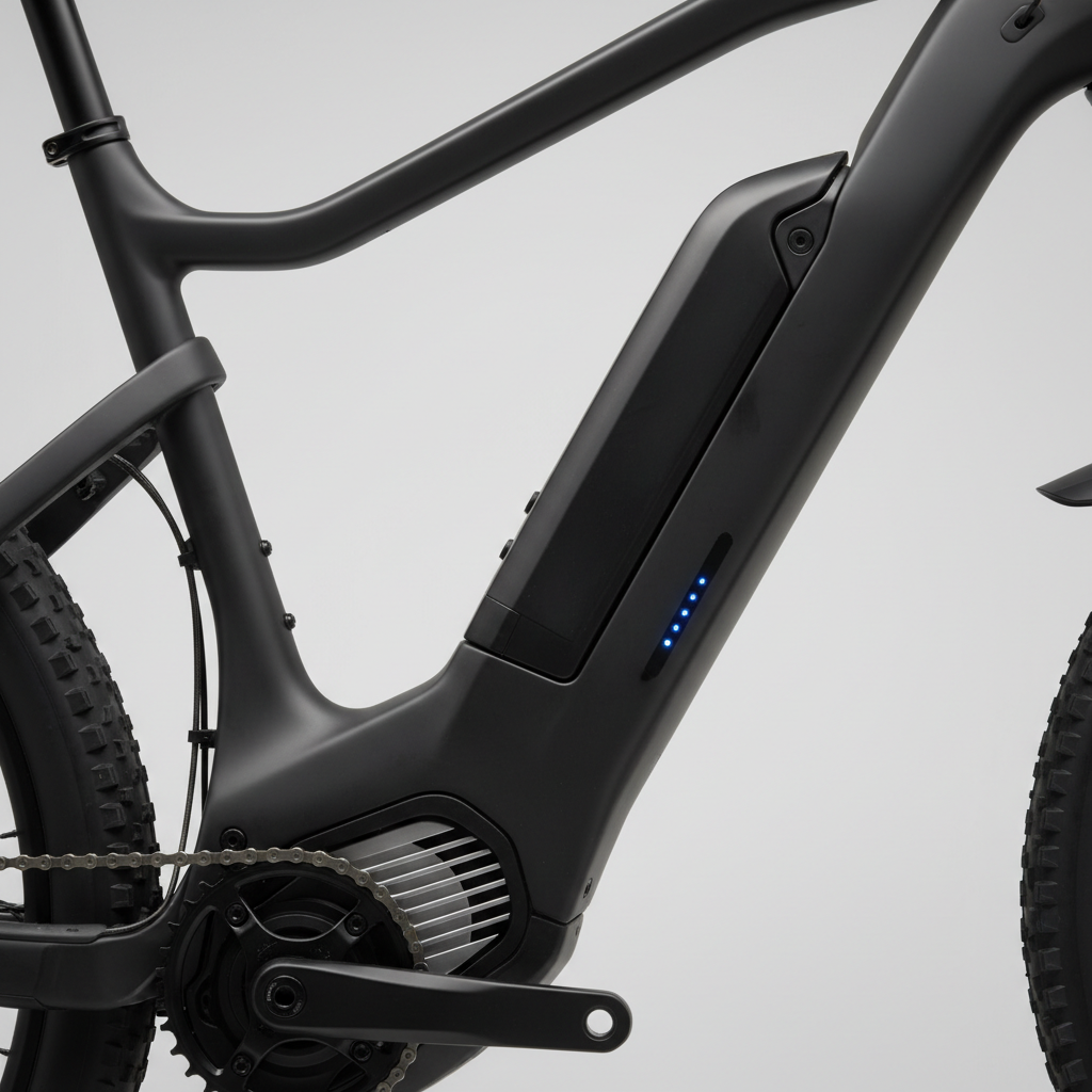 Detalhe do motor e bateria de uma e-MTB, perfeitamente integrados ao quadro, realçando o design elegante e a tecnologia avançada.