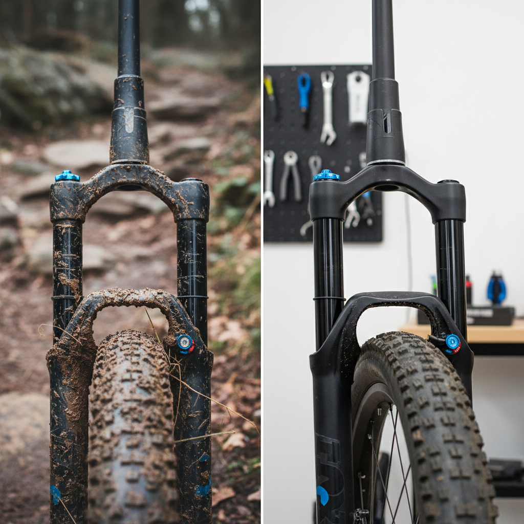 A diferença é visível: suspensão suja e negligenciada versus suspensão limpa e lubrificada. A limpeza regular prolonga a vida útil dos componentes e garante a funcionalidade.