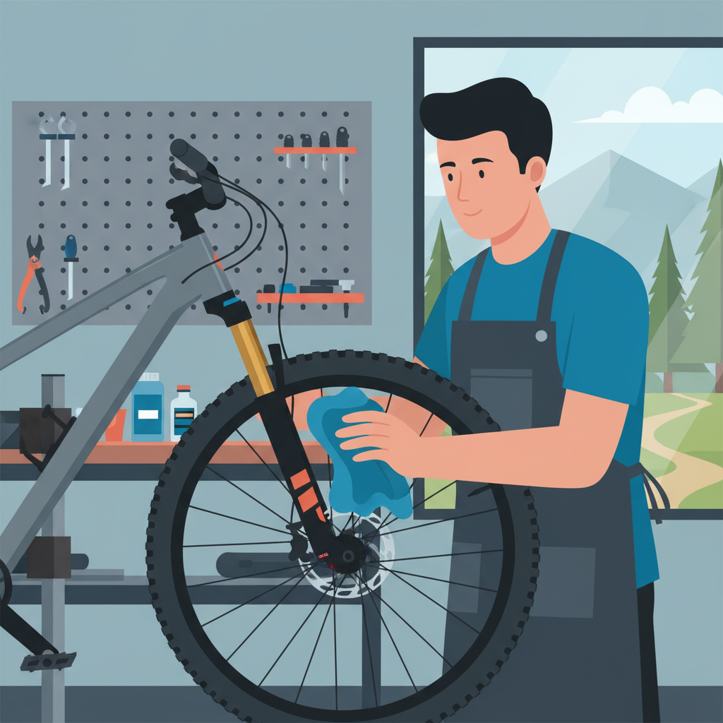 Um ciclista realizando a limpeza da suspensão de sua mountain bike com um pano, um passo crucial após cada pedalada.