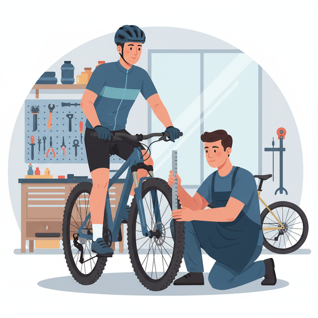 Um mecânico de bicicletas medindo o SAG de uma suspensão de mountain bike para garantir o ajuste ideal para o peso do ciclista.