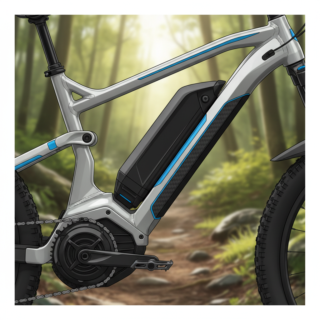 Visão detalhada de um motor e bateria integrados de uma e-MTB moderna, destacando seu design elegante e tecnologia avançada, em um cenário de trilha desfocado.