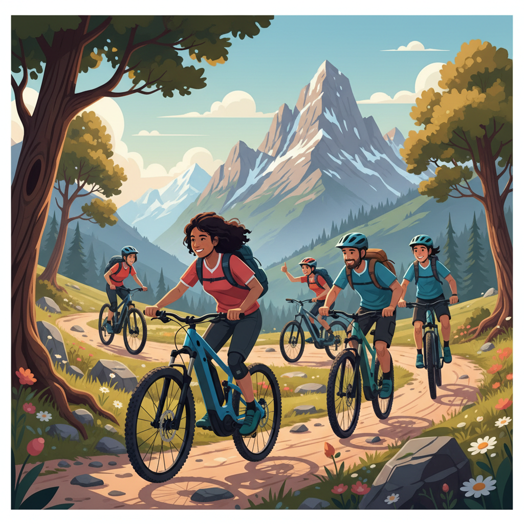 Um grupo diverso de ciclistas, alguns em e-MTBs e outros em MTBs convencionais, pedalando juntos em uma trilha panorâmica, ilustrando a coexistência e o prazer compartilhado.