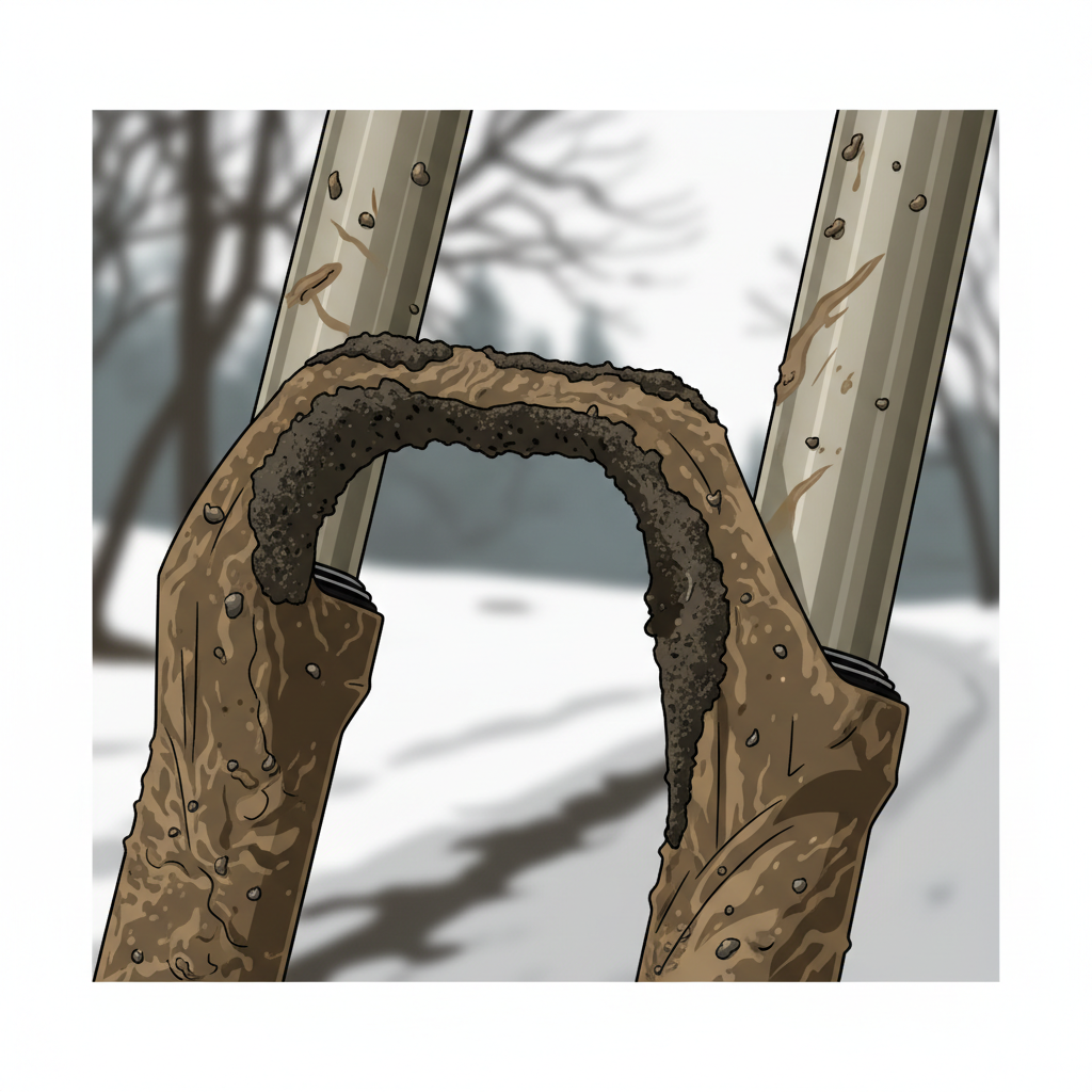 Detalhe de uma suspensão dianteira de mountain bike coberta de lama após um percurso de inverno, evidenciando a necessidade de limpeza e manutenção.