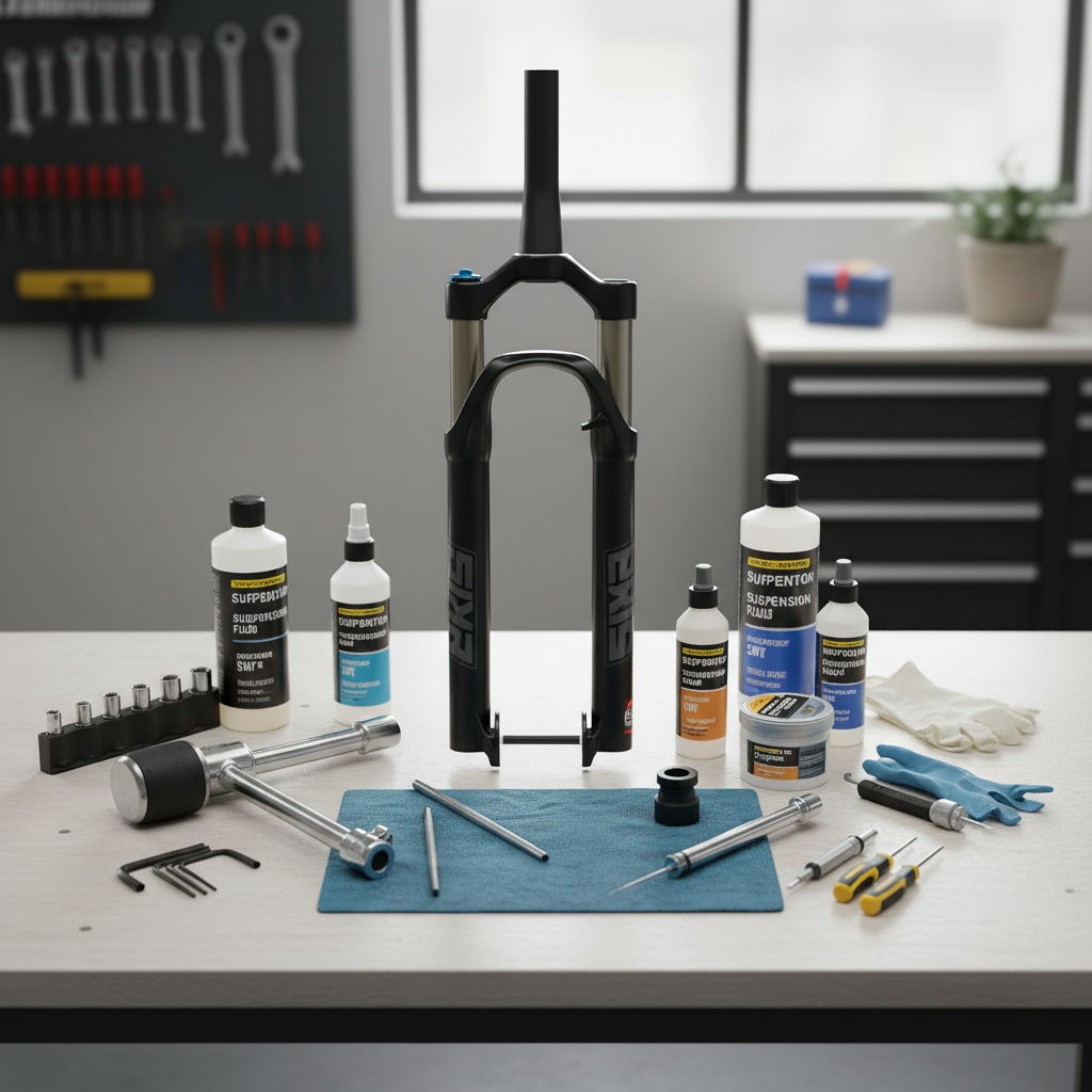 Ferramentas essenciais e lubrificantes específicos para a manutenção de suspensões de mountain bike, organizados em uma bancada pronta para uso.