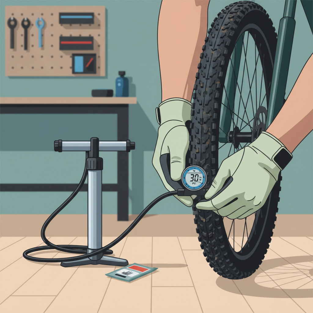 Verificação da pressão dos pneus de uma mountain bike, uma etapa fundamental antes de cada pedalada para garantir segurança e performance.