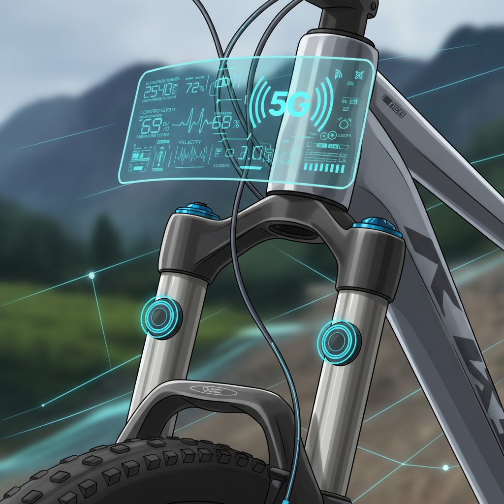 Sensores inteligentes na suspensão de uma mountain bike, coletando dados em tempo real através da rede 5G para ajustes precisos.