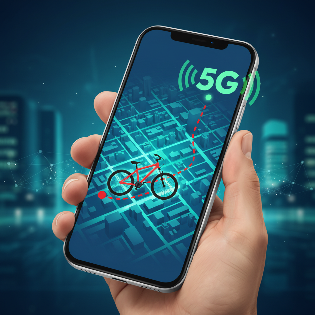 Sistemas de rastreamento antifurto de mountain bikes aprimorados pelo 5G, exibindo a localização precisa em tempo real.