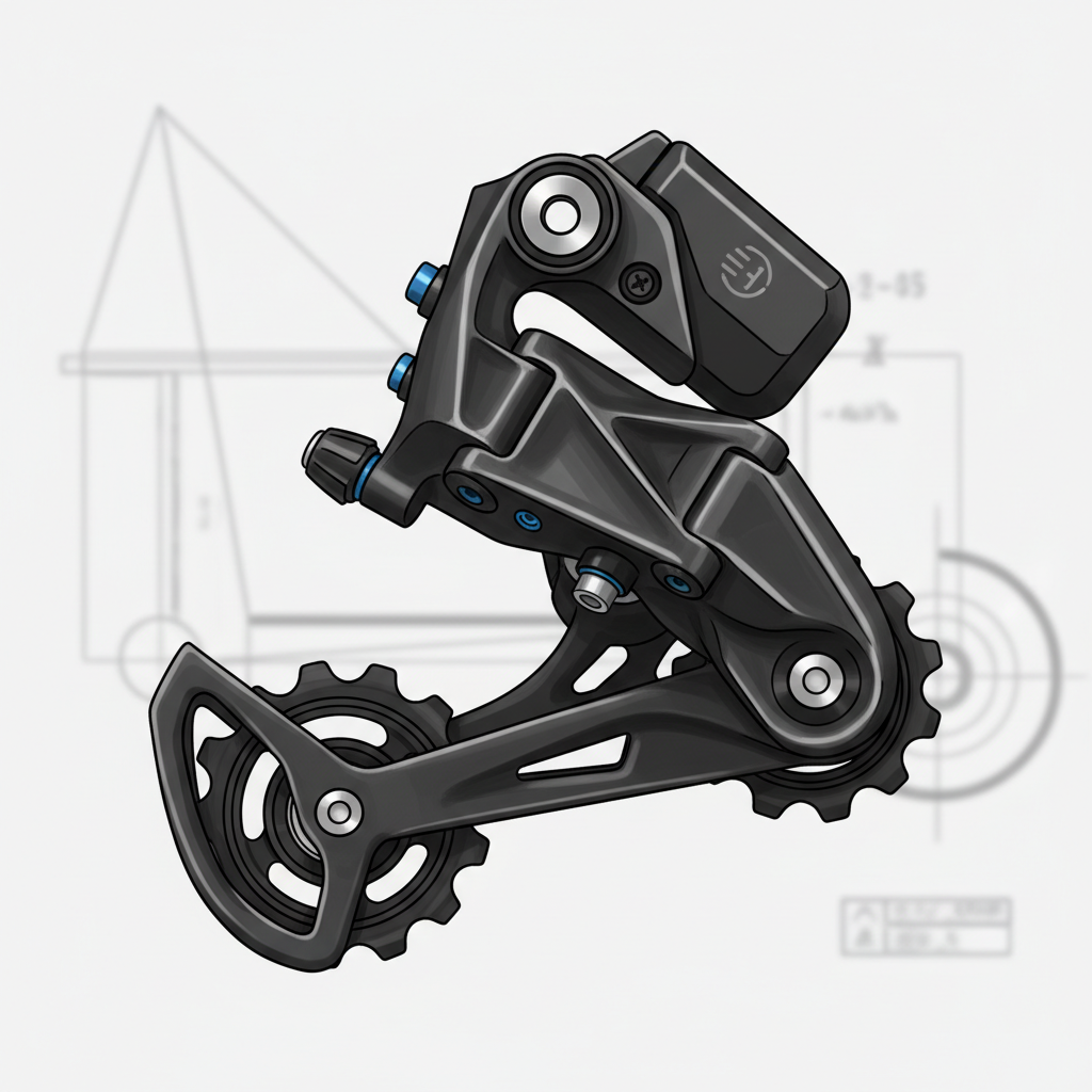 Detalhe de um câmbio eletrônico sem fio de MTB, destacando a precisão e o design inovador que otimizam a troca de marchas.