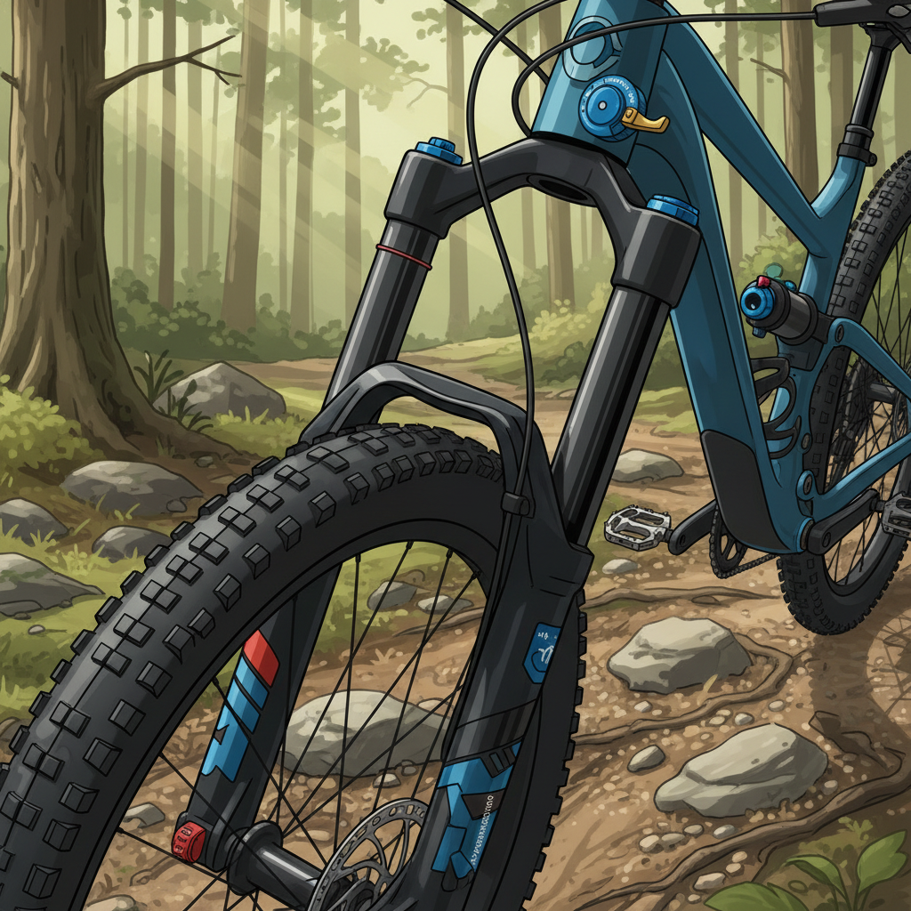 Um garfo de suspensão de mountain bike com ajustes avançados, demonstrando a tecnologia que proporciona maior controle e conforto em trilhas técnicas.