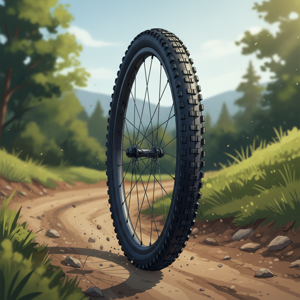 Uma roda de carbono para MTB com pneu tubeless em uma trilha de terra, enfatizando a leveza do carbono e a aderência superior do pneu.