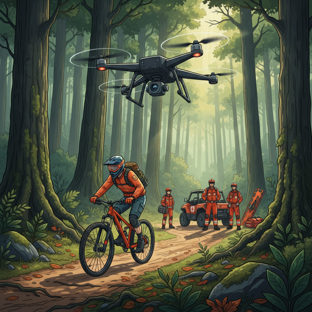 Um drone monitora ativamente um ciclista de mountain bike em uma trilha densa, com equipe de resgate ao fundo, garantindo a segurança.