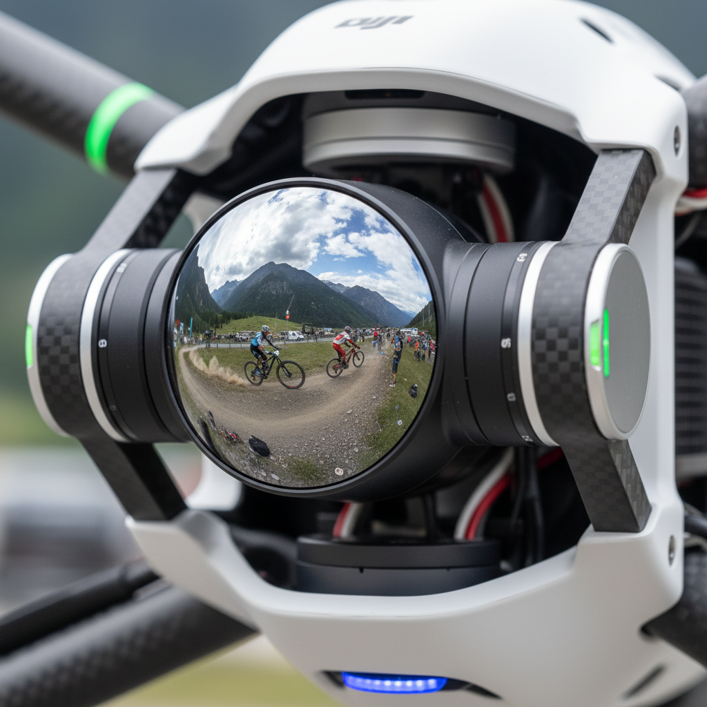 Lente de câmera de drone refletindo um evento de mountain bike, destacando a vigilância aérea de alta tecnologia.