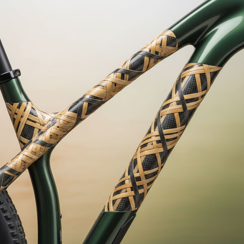 Exemplo de quadro de bicicleta MTB feito com biocompósito, exibindo fibras naturais entrelaçadas.
