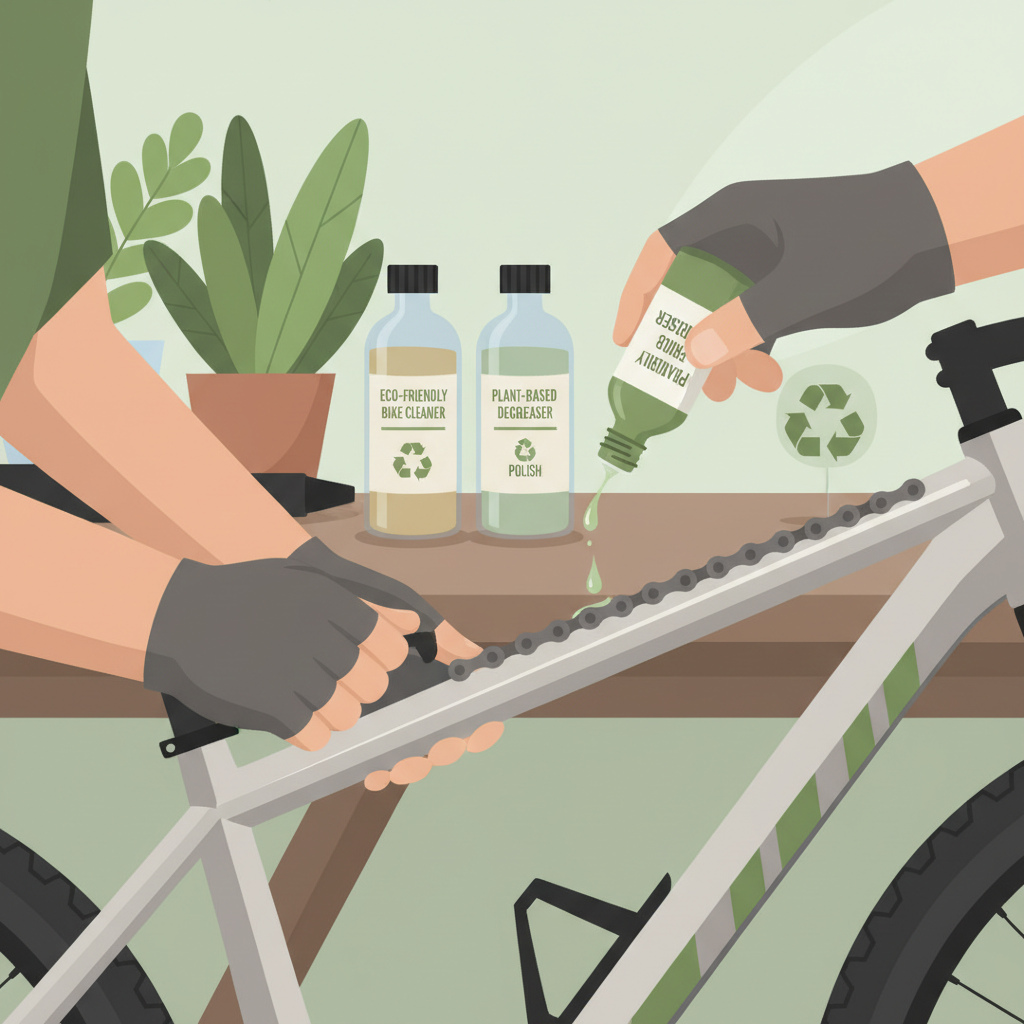 Ciclista aplicando lubrificante biodegradável derivado de plantas na corrente de sua bicicleta mountain bike.